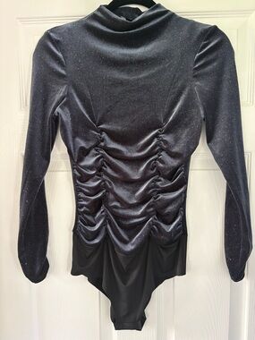 Zara Womens Black Glitter Velvet Ruched Mock Neck Long Sleeve Bodysuit Size S